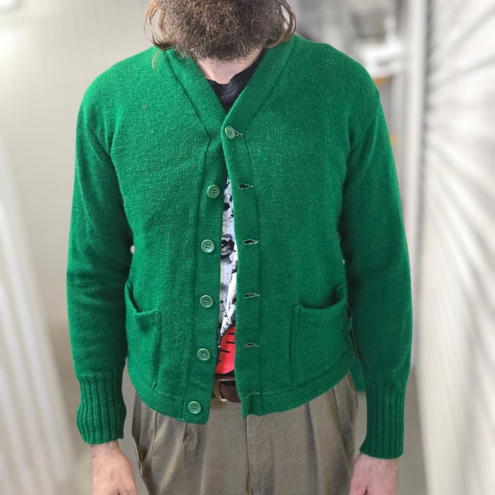 VTG 1960s Wool Cardigan Ken Connor Green Men's M 42 Knit Button Front Pocket USA - Picture 2 of 9